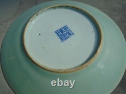 Chinese pair of Tongzhi celadon hand painted plates with makers mark to back