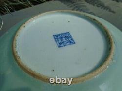 Chinese pair of Tongzhi celadon hand painted plates with makers mark to back