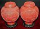 Couple Of Jars. Red Carved Lacquer China. Base Wood. Signed. Circa 1950