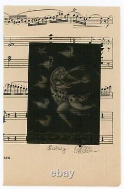 DANCING NUDE COUPLE on ANTIQUE SHEET MUSIC NOTES Original MEZZOTINT Signed