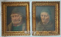 David W. Haddon C 1900 Pair Antique Portrait Oils Fisherman Wife Newlyn Cornwall