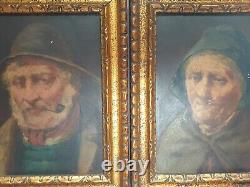 David W. Haddon C 1900 Pair Antique Portrait Oils Fisherman Wife Newlyn Cornwall