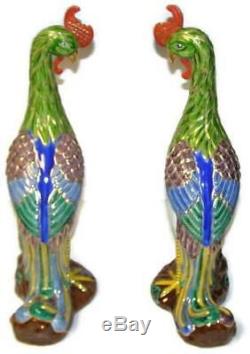 Early 20th Century Chinese Phoenix Bird Porcelain Figurine Statue Pair Signed