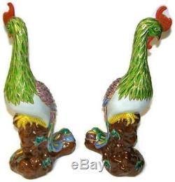 Early 20th Century Chinese Phoenix Bird Porcelain Figurine Statue Pair Signed