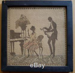 Early 20th OLD EMBROIDERY STITCHED Silhouette Painting MINIATURE Couple At PIANO