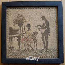 Early 20th OLD EMBROIDERY STITCHED Silhouette Painting MINIATURE Couple At PIANO