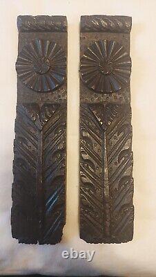 Early Pair Oak Handcarved Panels Fragment English, Tudor Roses, Leaves, Etc