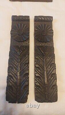 Early Pair Oak Handcarved Panels Fragment English, Tudor Roses, Leaves, Etc