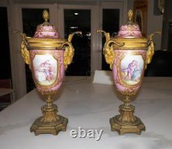 Early Signed Antique Sevres Porcelain Pair Of Covered Urns Bronze Ormolu Pink