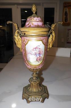 Early Signed Antique Sevres Porcelain Pair Of Covered Urns Bronze Ormolu Pink