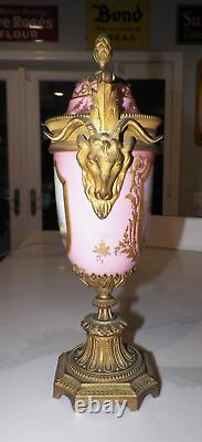 Early Signed Antique Sevres Porcelain Pair Of Covered Urns Bronze Ormolu Pink
