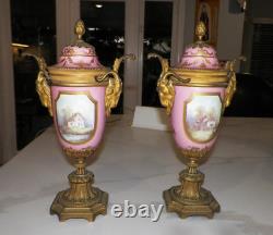 Early Signed Antique Sevres Porcelain Pair Of Covered Urns Bronze Ormolu Pink