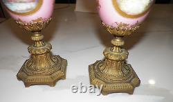 Early Signed Antique Sevres Porcelain Pair Of Covered Urns Bronze Ormolu Pink