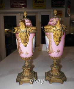 Early Signed Antique Sevres Porcelain Pair Of Covered Urns Bronze Ormolu Pink