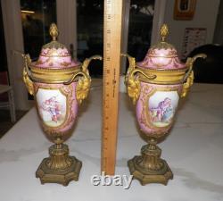 Early Signed Antique Sevres Porcelain Pair Of Covered Urns Bronze Ormolu Pink