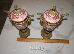 Early Signed Antique Sevres Porcelain Pair Of Covered Urns Bronze Ormolu Pink