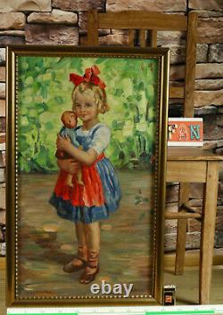 Edmund Körner 1873 attribution Antique Oil Painting Girl Doll Pair Happy