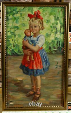 Edmund Körner 1873 attribution Antique Oil Painting Girl Doll Pair Happy