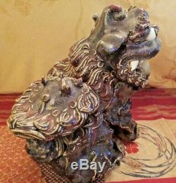 Estate Old Chinese Antique Glazed Pottery Foo Dog Statue Pair with Pup & Ball