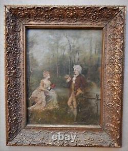 European, Romantic Couple, Antique Vintage Original Oil Painting, Signed