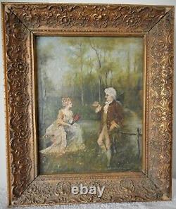 European, Romantic Couple, Antique Vintage Original Oil Painting, Signed