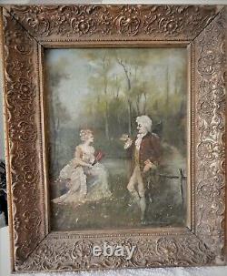 European, Romantic Couple, Antique Vintage Original Oil Painting, Signed