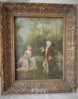 European, Romantic Couple, Antique Vintage Original Oil Painting, Signed