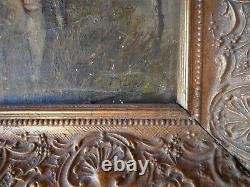 European, Romantic Couple, Antique Vintage Original Oil Painting, Signed