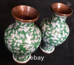 Excellent Antique Cloisonne Pair Of Green And White Copper Vases Signed China 9