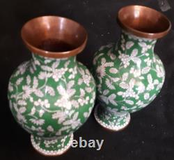Excellent Antique Cloisonne Pair Of Green And White Copper Vases Signed China 9