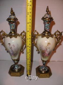 Exquisite Pair Of Antique Porcelain Sevres Champleve French Urns Signed J Aublet