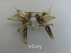 FAB ANTIQUE UNUSED GOLD 333 Signed LOVE BIRDS PAIR RUBY EYES PIN BROOCH