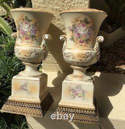 FINE ANTIQUE pair HAND PAINTED FRENCH PORCELAIN URN LAMPS / Signed