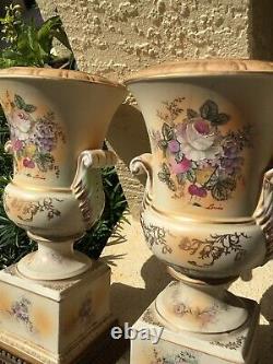 FINE ANTIQUE pair HAND PAINTED FRENCH PORCELAIN URN LAMPS / Signed
