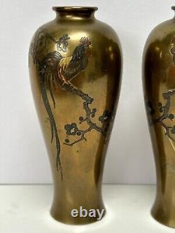 FINE Pair Antique Japanese Bronze Vases NOBORU NOGAWA Cockerel Signed Oriental