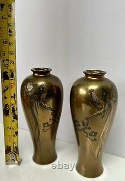 FINE Pair Antique Japanese Bronze Vases NOBORU NOGAWA Cockerel Signed Oriental