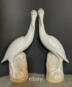 Famille Rose Chinese Export Porcelain Cranes Pair 17 Exceptional Qing MINT