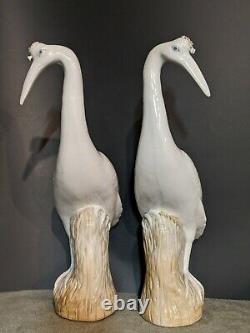 Famille Rose Chinese Export Porcelain Cranes Pair 17 Exceptional Qing MINT
