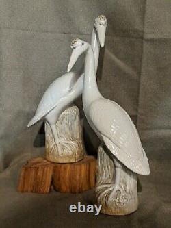 Famille Rose Chinese Export Porcelain Cranes Pair 17 Exceptional Qing MINT