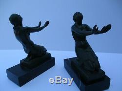 Fayral Art Deco Nude Antique Rare Metal Sculpture Statue Bookends Pair Signed