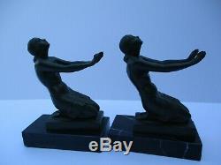 Fayral Art Deco Nude Antique Rare Metal Sculpture Statue Bookends Pair Signed