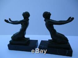 Fayral Art Deco Nude Antique Rare Metal Sculpture Statue Bookends Pair Signed