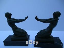 Fayral Art Deco Nude Antique Rare Metal Sculpture Statue Bookends Pair Signed