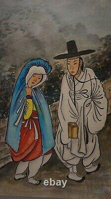 Fine Korean Folk MinHwa Hand Painting Couple Dating Signed