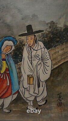 Fine Korean Folk MinHwa Hand Painting Couple Dating Signed