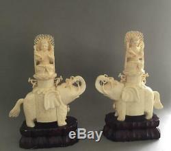 Fine Pair Antique Chinese Carved Seated Kwan Yin Signed