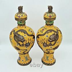 Fine Pair Of Heavy Chinese Cloisonne Raised Dragon Vases 50 CM