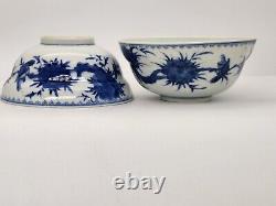 Fine Pair Signed Antique Chinese Blue White Republic Period Bowls