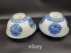 Fine Pair Signed Chinese Guangxu Blue White Dragon Phoenix Medallion Bowls