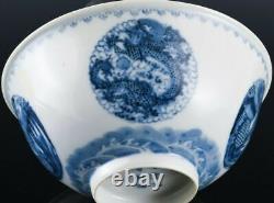 Fine Pair Signed Chinese Guangxu Blue White Dragon Phoenix Medallion Bowls